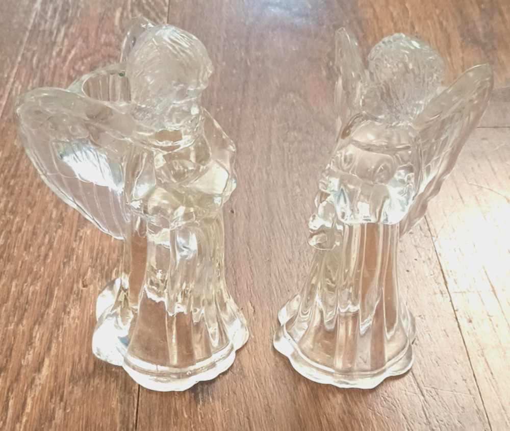 Vtg Set Crystal Clear Glass Angels w book clarinet Candle Holder Figurines 6.25"